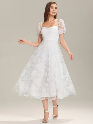 Square Puff Sleeve A-line Chiffon Jacquard Midi Dress
