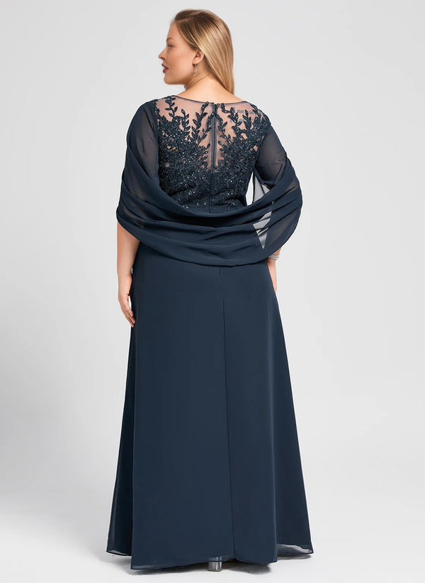 A-line Scoop Illusion Floor-Length Lace Chiffon Mother of the Bride Dress With Sequins Pleated