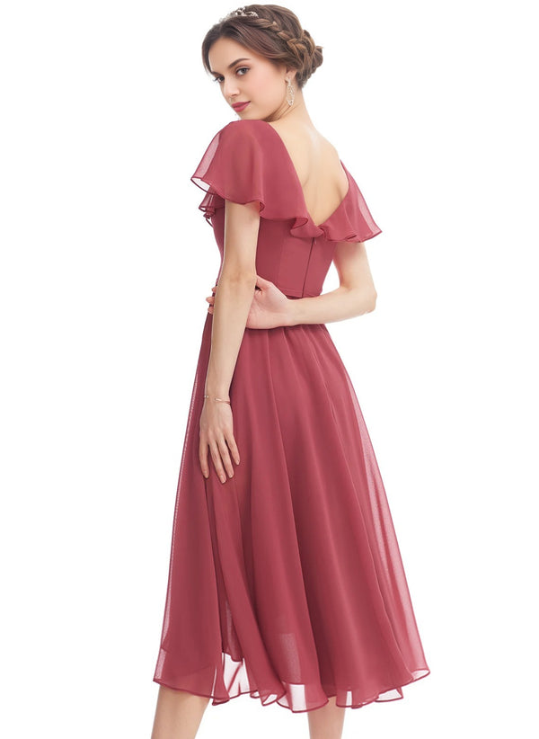 A-line V-Neck Asymmetrical Chiffon Bridesmaid Dress With Ruffle