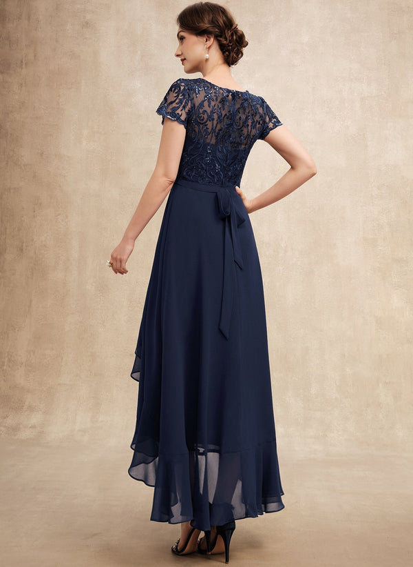 A-line Scoop Illusion Asymmetrical Chiffon Lace Mother of the Bride Dress With Ruffle Sequins Bow