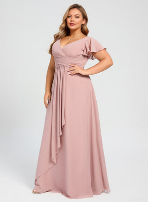 A-line V-Neck Floor-Length Chiffon Bridesmaid Dress With Ruffle