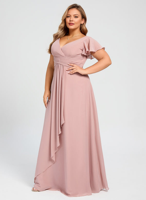 A-line V-Neck Floor-Length Chiffon Bridesmaid Dress With Ruffle