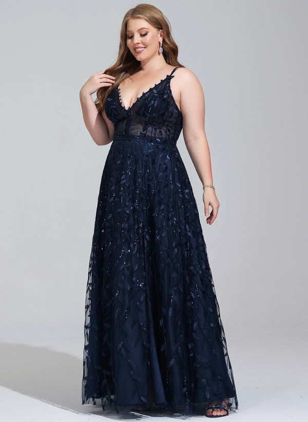 A-line V-Neck Floor-Length Lace Prom Dresses With Sequins