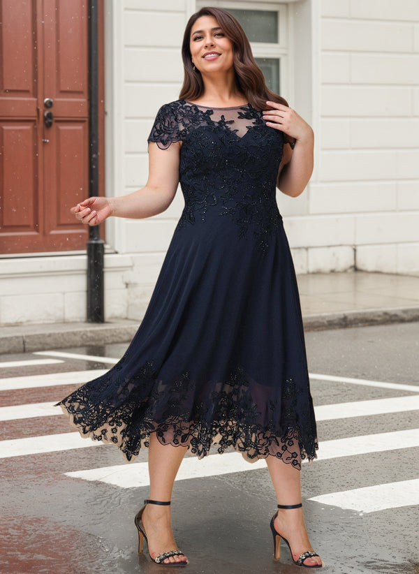 A-line Scoop Illusion Tea-Length Lace Chiffon Mother of the Bride Dress With Sequins