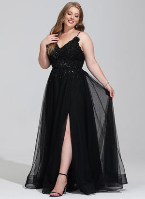 A-line V-Neck Floor-Length Tulle Prom Dresses