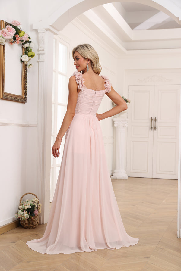 A-line/Princess Sweetheart Sleeveless Long/Floor-Length Chiffon Bridesmaid Dress With Pleated Shoulder Flower