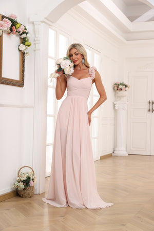 A-line/Princess Sweetheart Sleeveless Long/Floor-Length Chiffon Bridesmaid Dress With Pleated Shoulder Flower