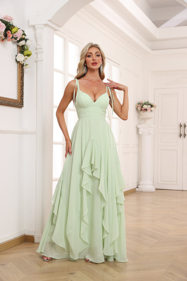 A-line V-Neck Floor-Length Tiered Chiffon Bridesmaid Dress