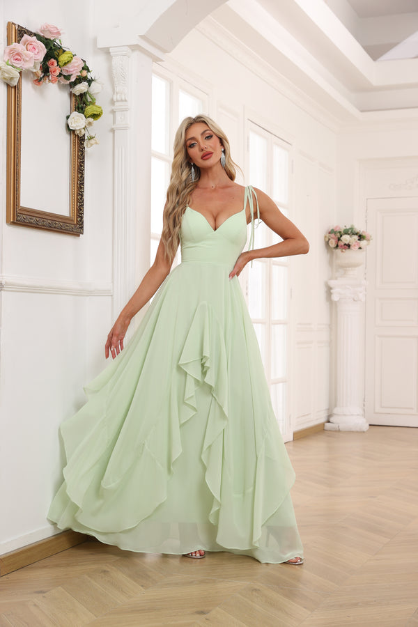 A-line V-Neck Floor-Length Tiered Chiffon Bridesmaid Dress