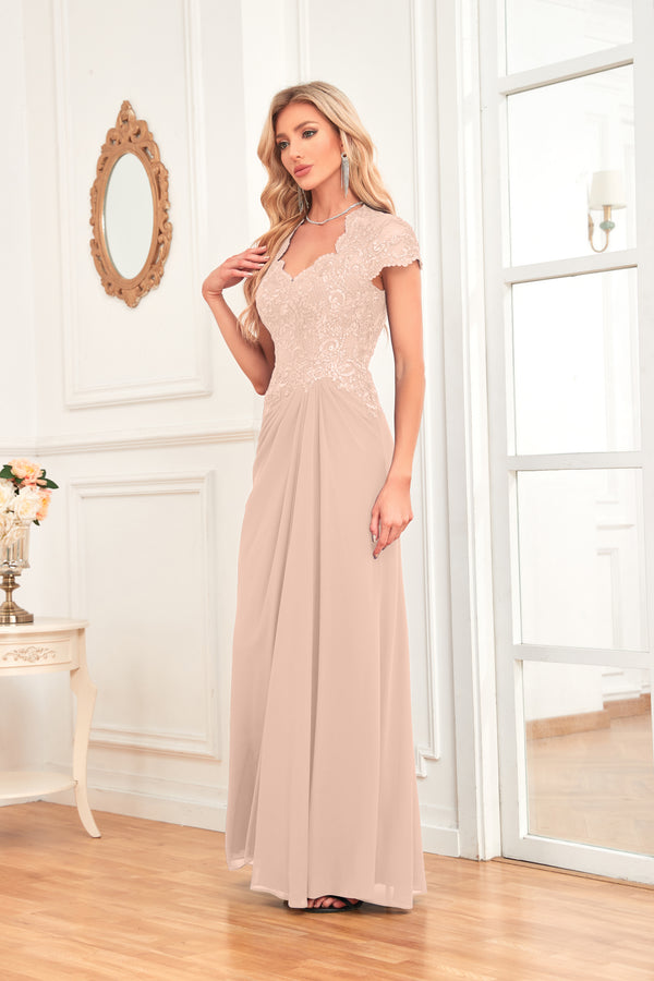 A-line V-Neck Floor-Length Chiffon Lace Mother of the Bride Dress With Sequins Beading