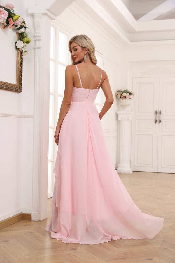 A-line V-Neck Asymmetrical Chiffon Bridesmaid Dress With Ruffle