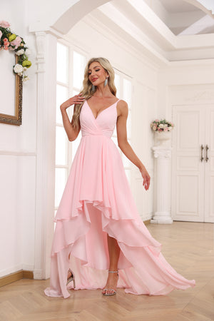 A-line V-Neck Asymmetrical Chiffon Bridesmaid Dress With Ruffle
