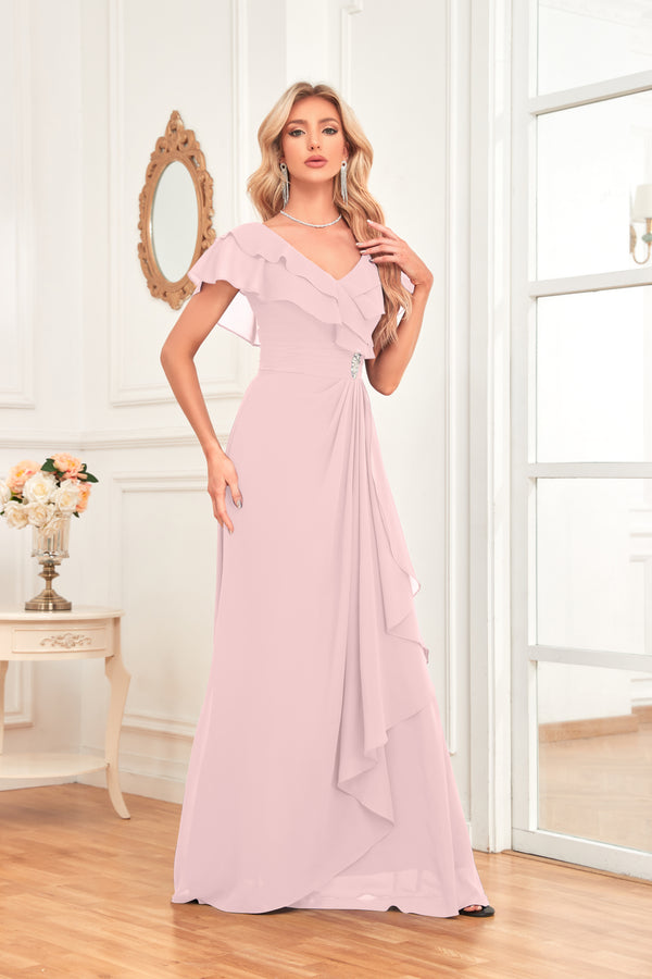 A-line V-Neck Floor-Length Chiffon Dress With Ruffle