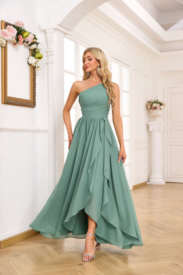 A-line One Shoulder Floor-Length Chiffon Bridesmaid Dress With Ruffle