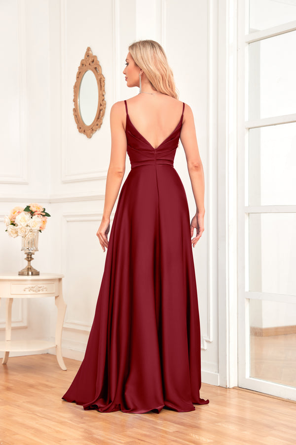 V Neck Spaghetti Straps Satin Prom Dress With Pleated Split