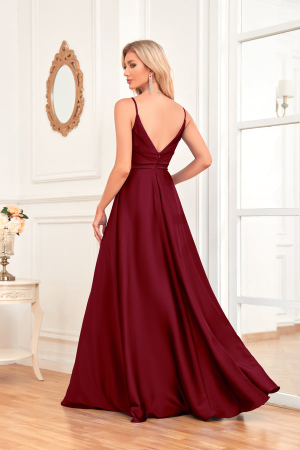V Neck Spaghetti Straps Satin Prom Dress With Pleated Split