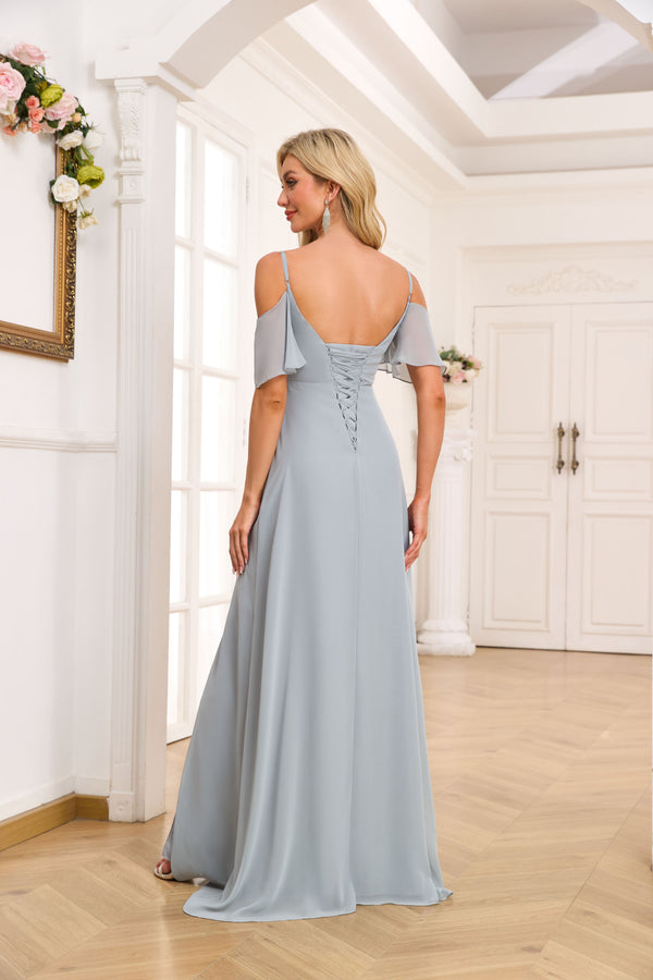 A-line Cold Shoulder Floor-Length Chiffon Bridesmaid Dress With Ruffle