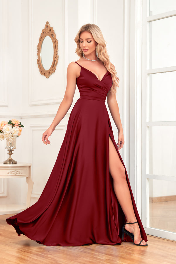 V Neck Spaghetti Straps Satin Prom Dress With Pleated Split