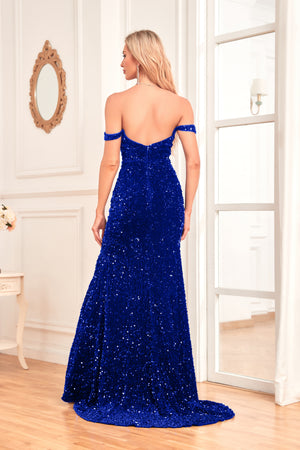 Mermaid/Trumpet Sequin Sweep Train Off Shoulder V-Neck Prom Dress