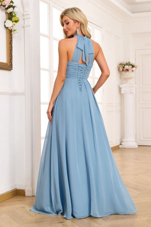A-line Halter Floor-Length Chiffon Bridesmaid Dress With Ruffle
