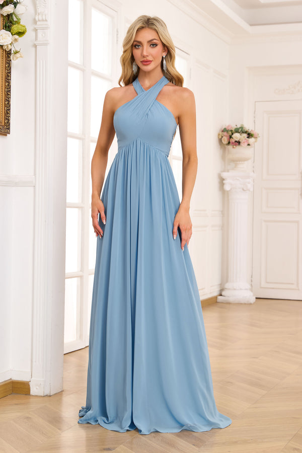 A-line Halter Floor-Length Chiffon Bridesmaid Dress With Ruffle