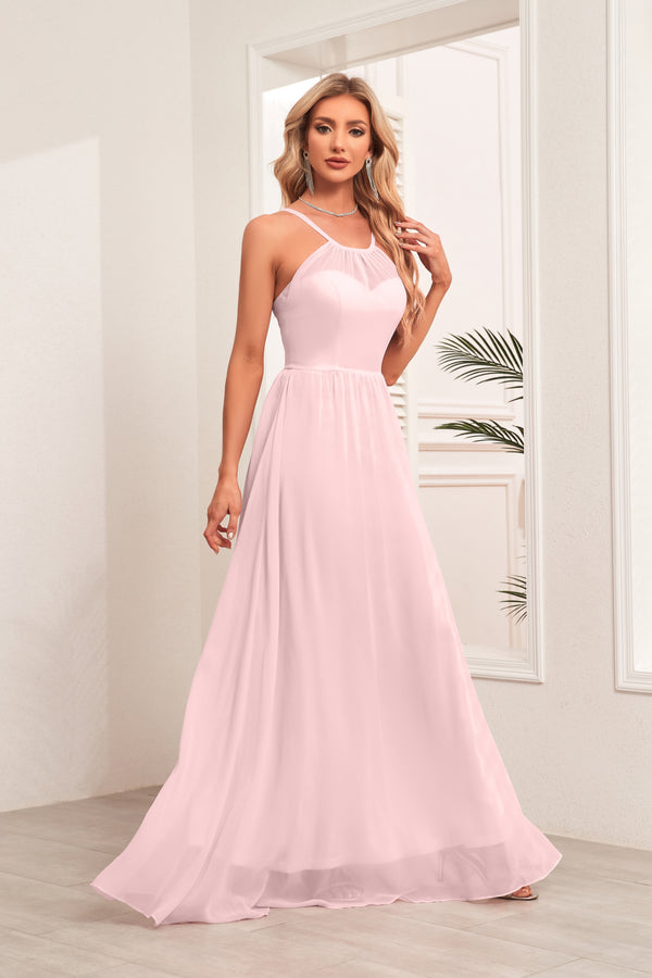 A-line Halter Floor-Length Chiffon Bridesmaid Dress