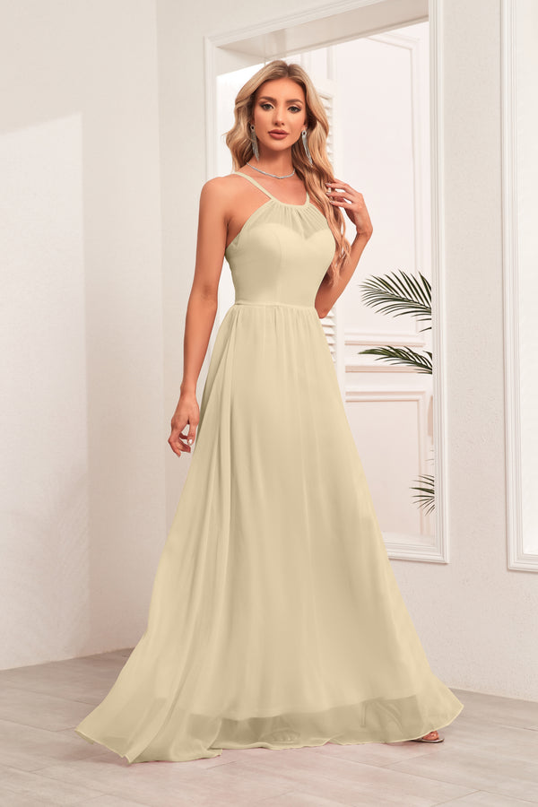 A-line Halter Floor-Length Chiffon Bridesmaid Dress