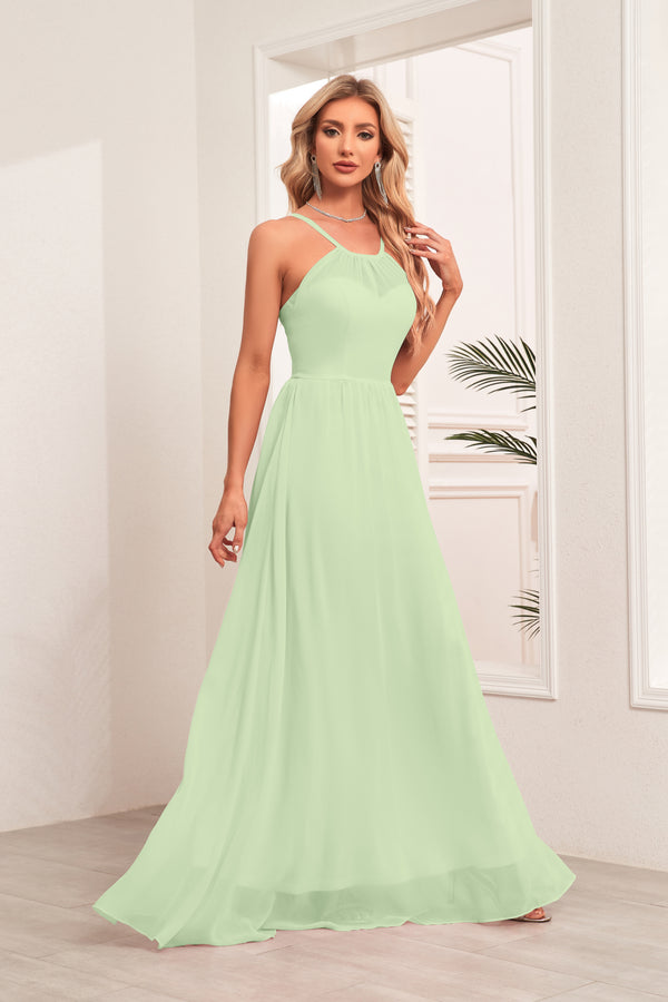 A-line Halter Floor-Length Chiffon Bridesmaid Dress