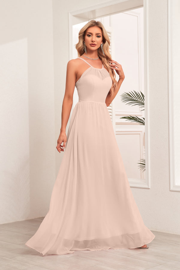 A-line Halter Floor-Length Chiffon Bridesmaid Dress