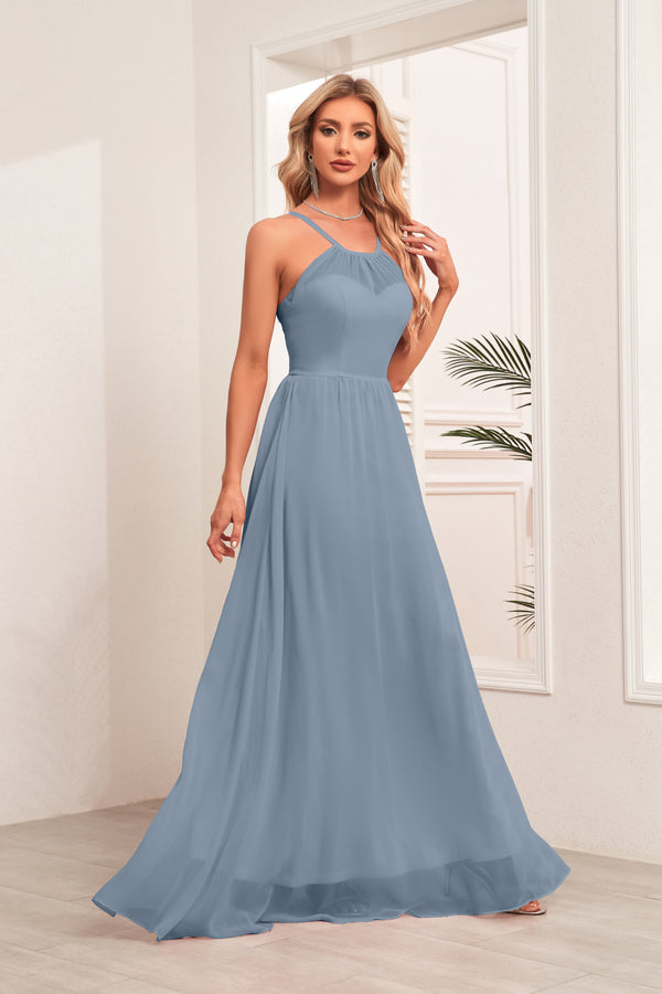 A-line Halter Floor-Length Chiffon Bridesmaid Dress