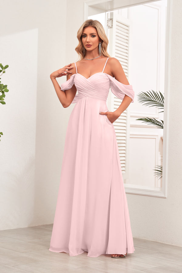 A-line Cold Shoulder Floor-Length Chiffon Bridesmaid Dress