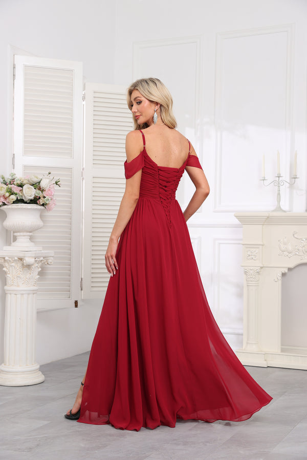 A-line Cold Shoulder Square Floor-Length Chiffon Bridesmaid Dress