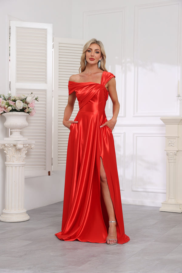 A-line One Shoulder Floor-Length Stretch Satin Bridesmaid Dress