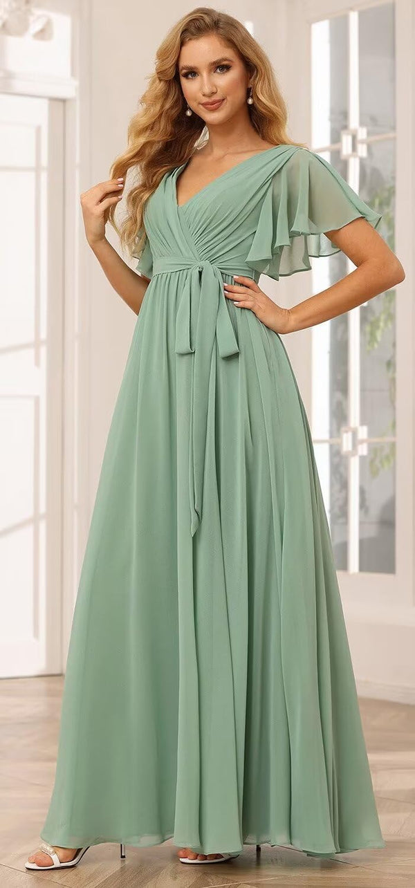 A-line V-Neck Floor-Length Chiffon Bridesmaid Dress With Ruffle