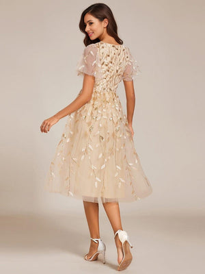 Short Sleeves Leaf Sequin A-Line Midi Formal Wedding Guest Dress