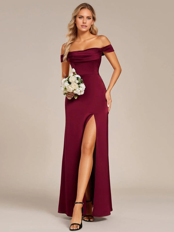 Designer Off Shoulder Back-Tie Satin Bridesmaid Dress