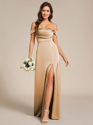 Designer Off Shoulder Back-Tie Satin Bridesmaid Dress