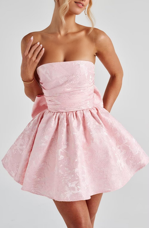 A-Line Strapless Short Jacquard Prom Dresses With Bow
