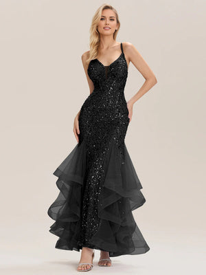 Trumpet/Mermaid Sequin Sleeveless Floor-Length Tulle Prom Dresses