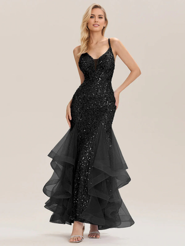 Trumpet/Mermaid Sequin Sleeveless Floor-Length Tulle Prom Dresses