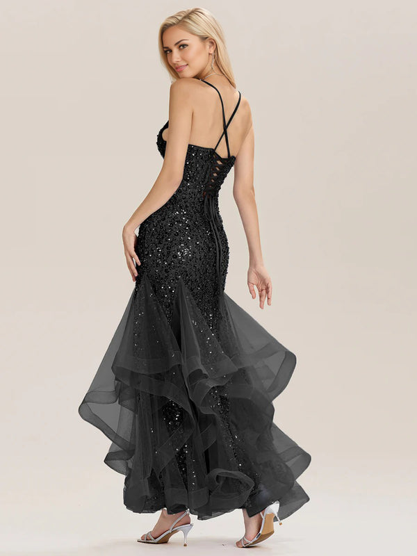 Trumpet/Mermaid Sequin Sleeveless Floor-Length Tulle Prom Dresses