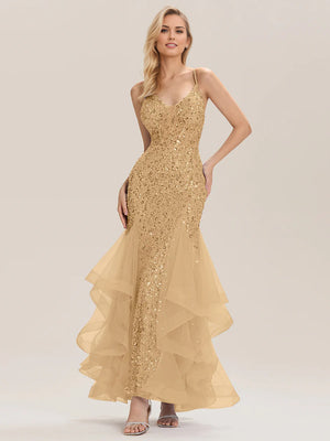 Trumpet/Mermaid Sequin Sleeveless Floor-Length Tulle Prom Dresses