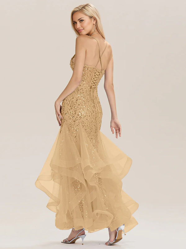 Trumpet/Mermaid Sequin Sleeveless Floor-Length Tulle Prom Dresses