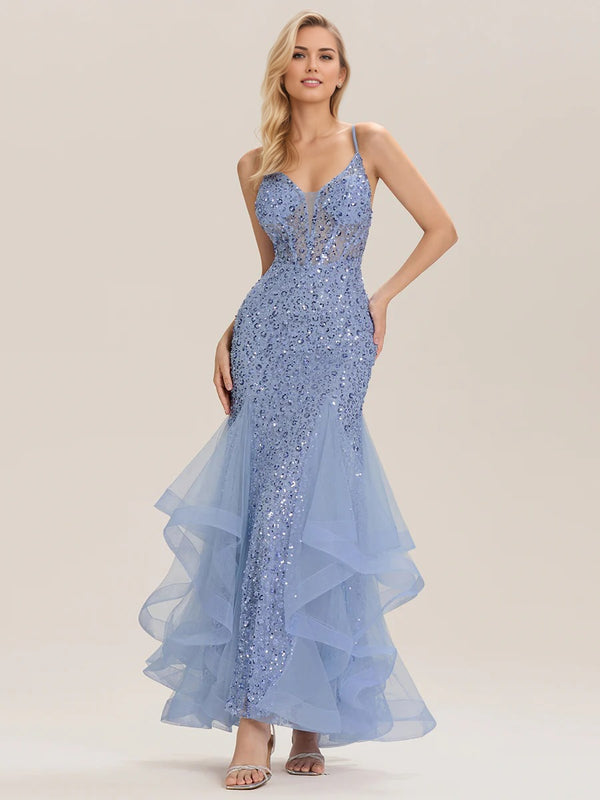 Trumpet/Mermaid Sequin Sleeveless Floor-Length Tulle Prom Dresses