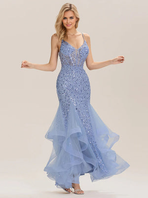 Trumpet/Mermaid Sequin Sleeveless Floor-Length Tulle Prom Dresses