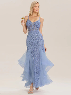 Trumpet/Mermaid Sequin Sleeveless Floor-Length Tulle Prom Dresses