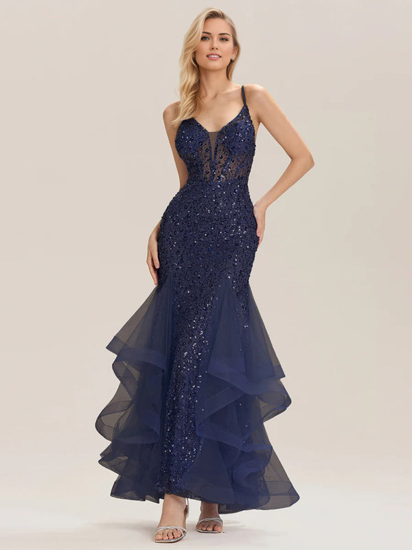 Trumpet/Mermaid Sequin Sleeveless Floor-Length Tulle Prom Dresses