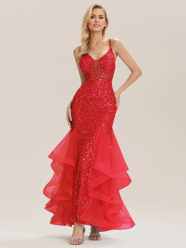Trumpet/Mermaid Sequin Sleeveless Floor-Length Tulle Prom Dresses