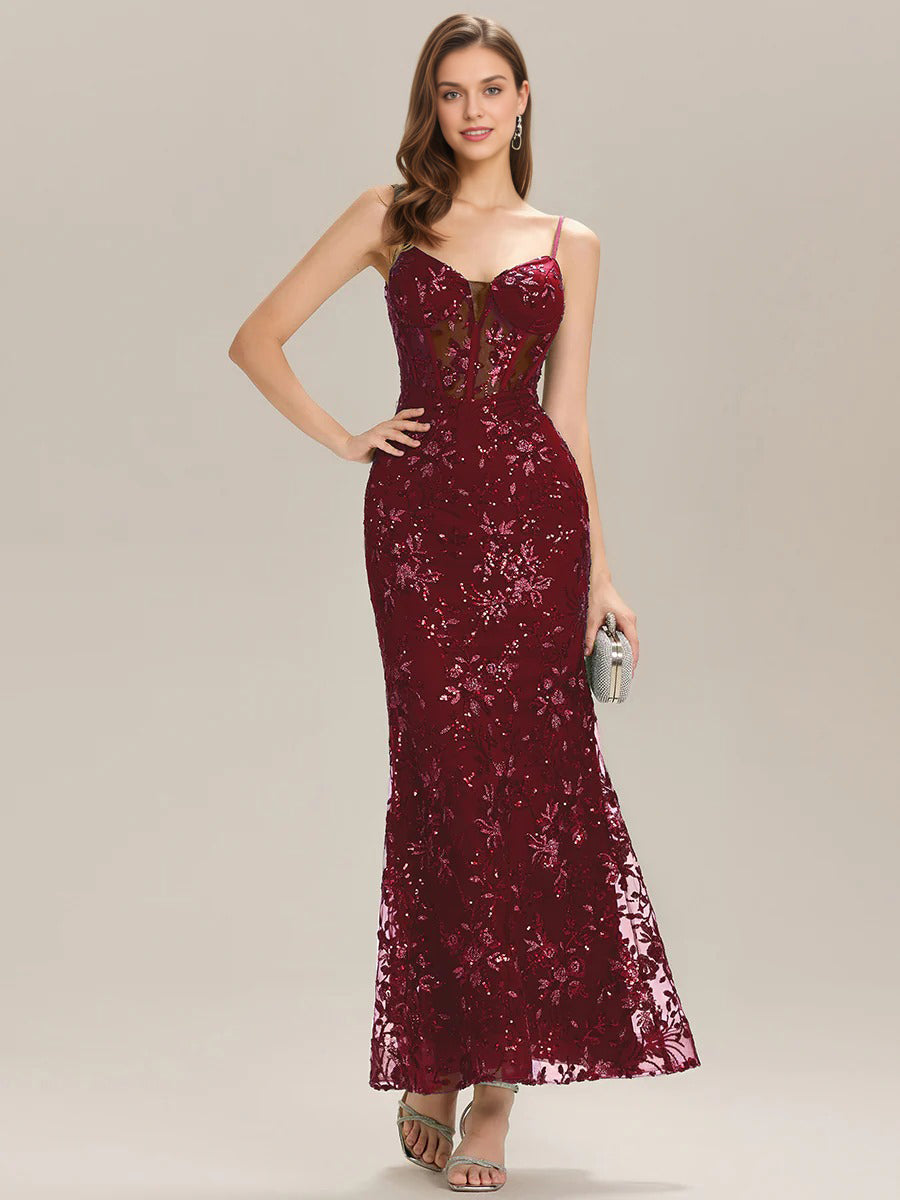 Trumpet/Mermaid V-Neck  Lace Prom Dresses With Sequins