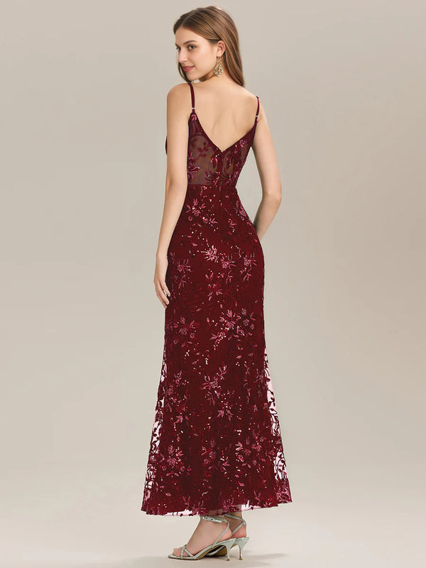 Trumpet/Mermaid V-Neck  Lace Prom Dresses With Sequins
